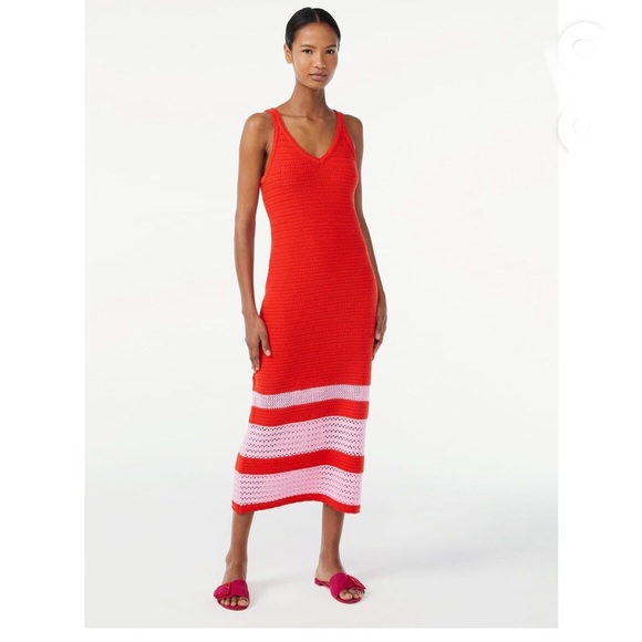 Scoop red pink colorblock A-line mid-weight Crochet stretch dress size XS new - Picture 1 of 3